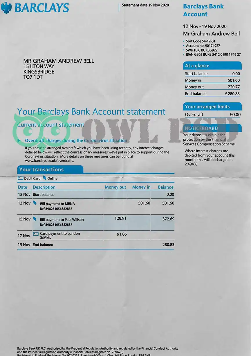 UK Barclays Bank Statement Template preview image 1