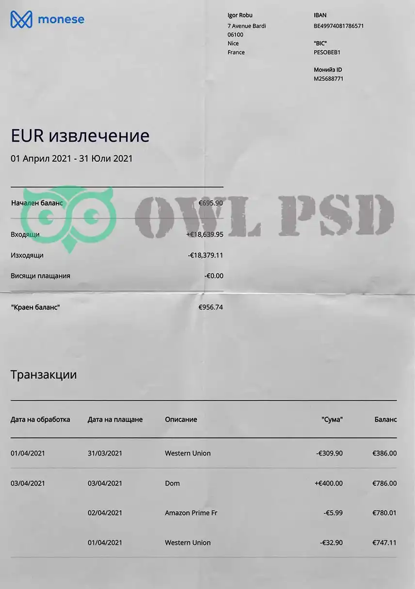 UK Monese Bank Statement Template preview image 1