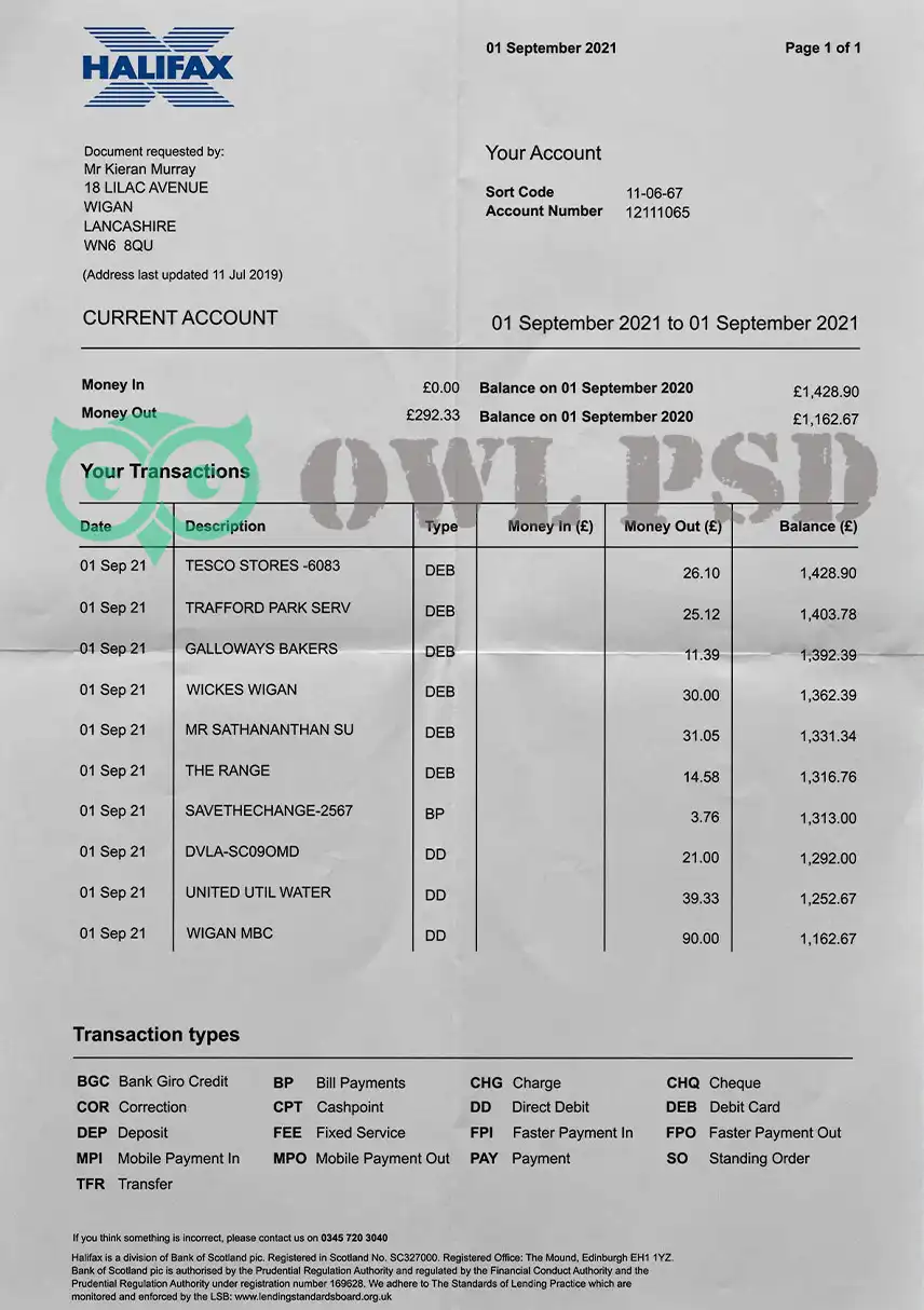 UK Halifax Bank Statement Template preview image 1