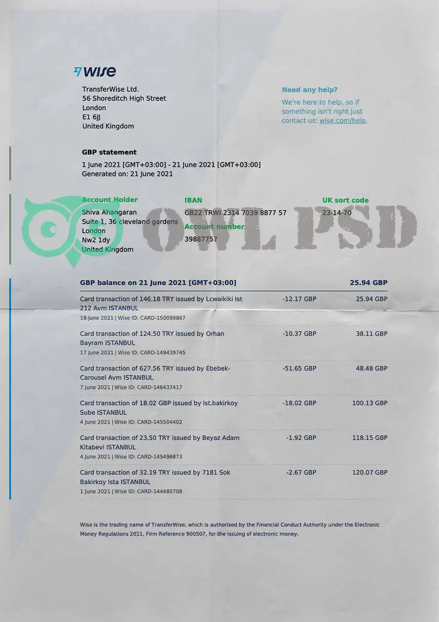 UK TransferWise  Statement Template preview image 1