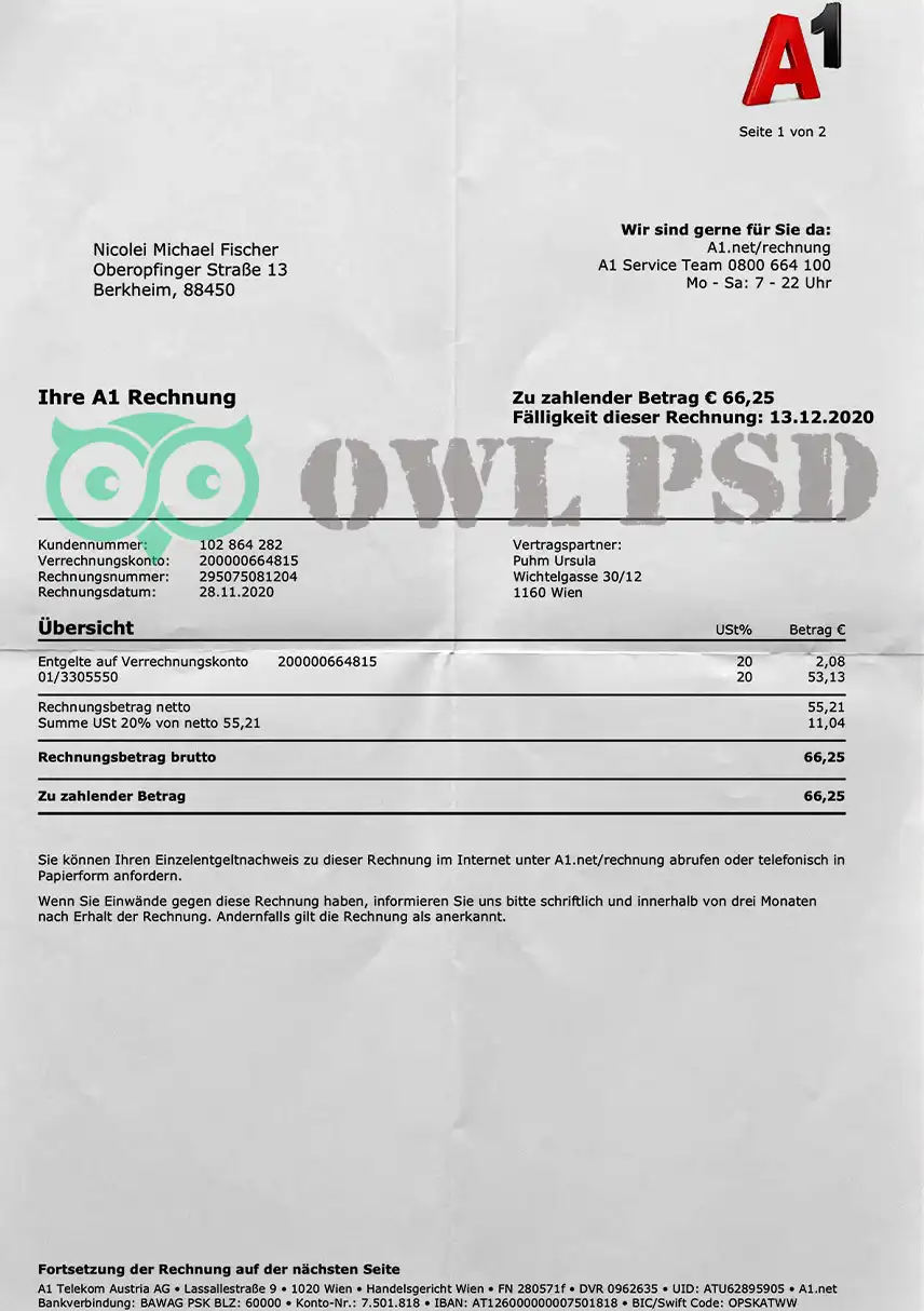 Germany A1 Utility Bill Template preview image 1
