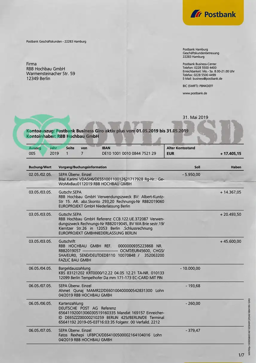 Germany Deutsche Postbank Statement Template preview image 1