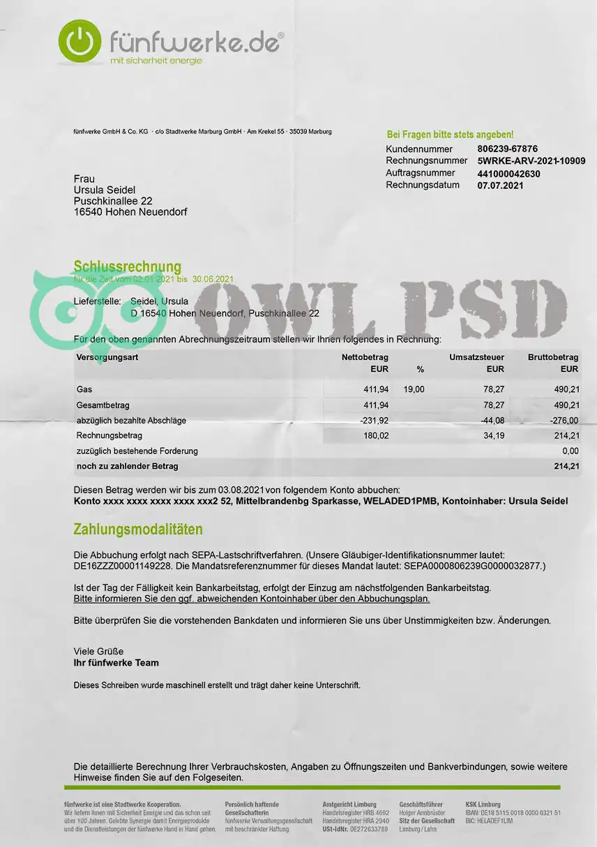 Germany Fuenfwerke Utility Bill Template preview image 1