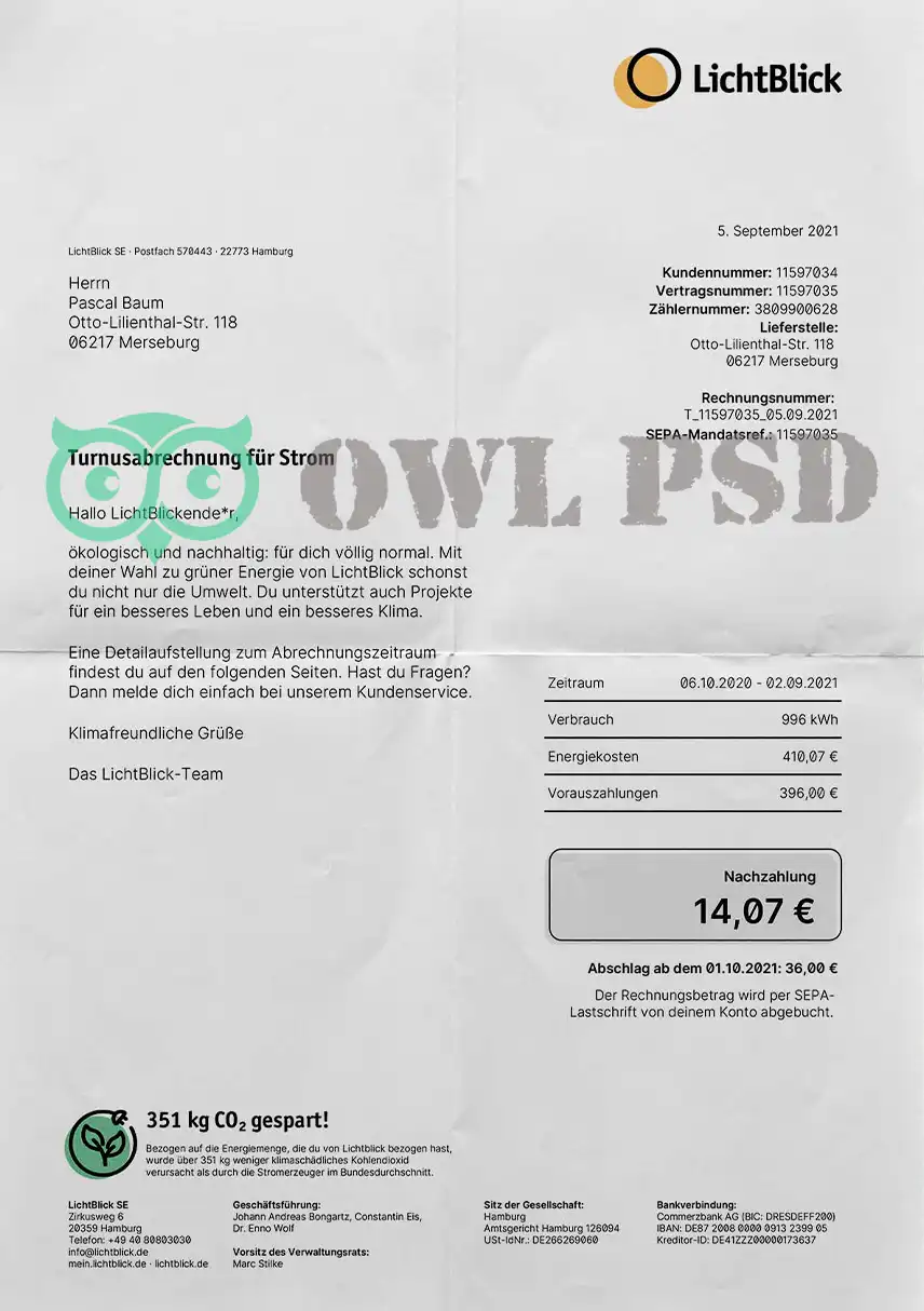 Germany LichtBlick Utility Bill Template preview image 1