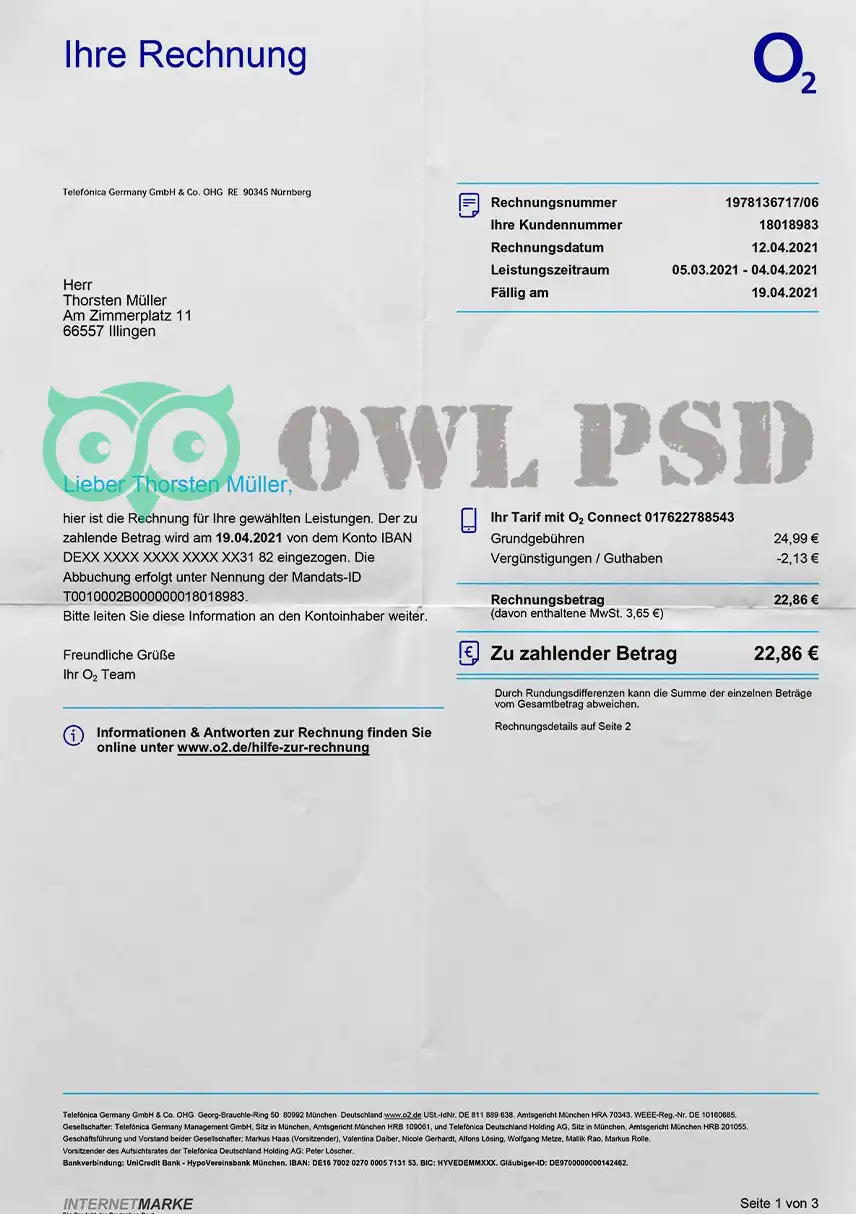 Germany o2online Utility Bill Template preview image 1