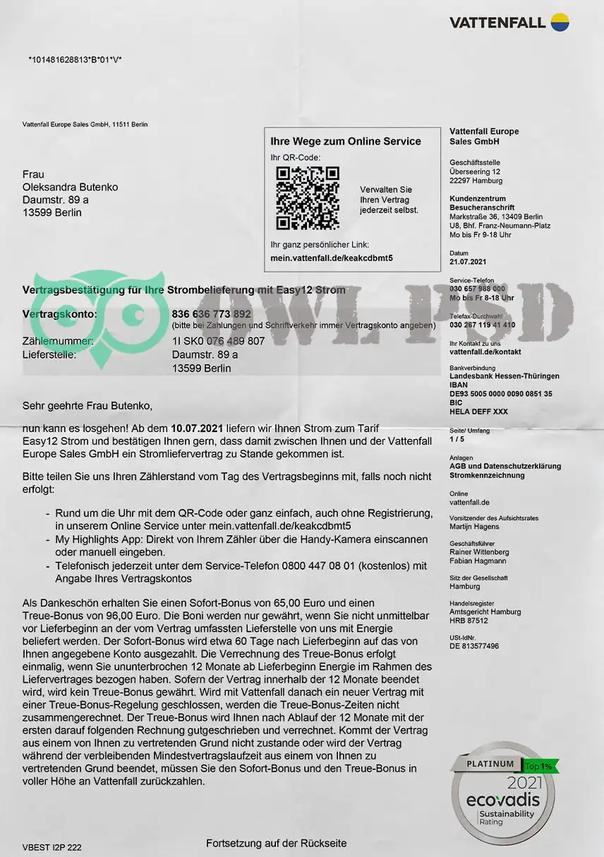 Germany Vattenf Utility Bill Template preview image 1