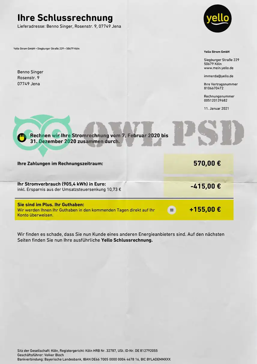 Germany Yello Utility Bill Template preview image 1