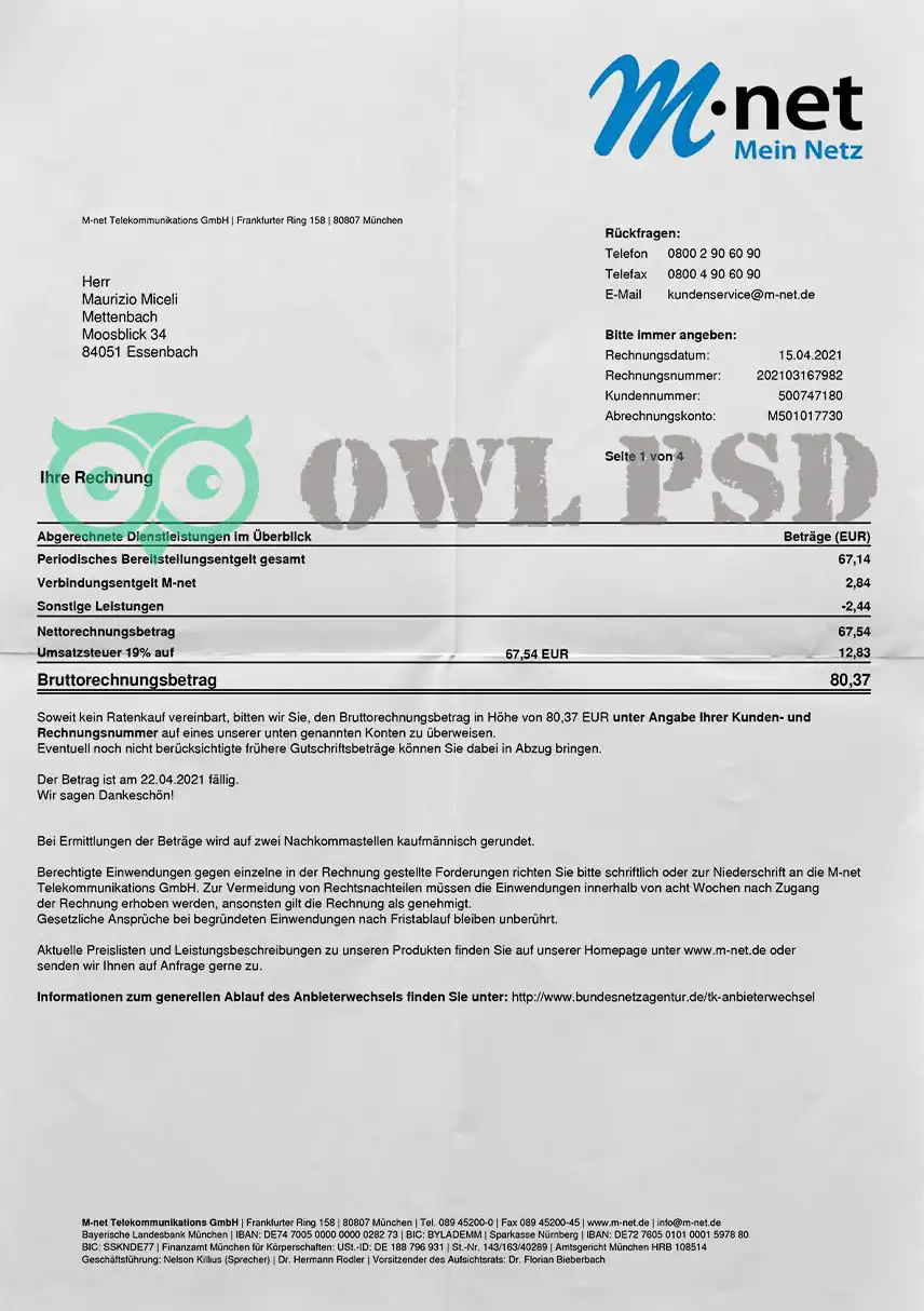 Germany M-net Utility Bill Template preview image 1