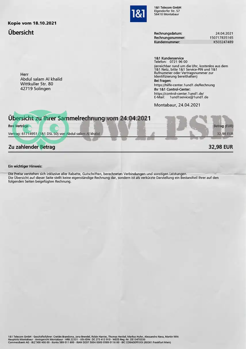 Germany 1 and 1 Utility Bill Template preview image 1