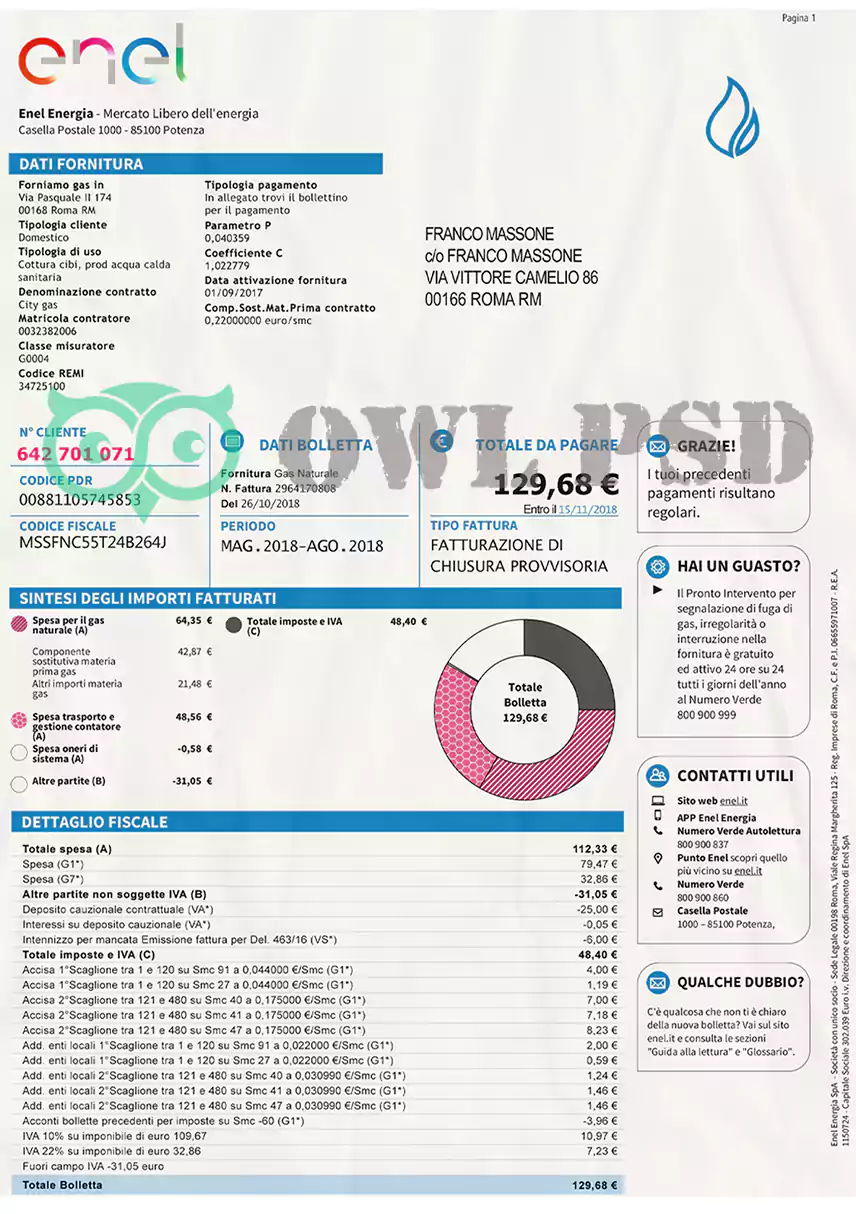 Italy Enel Energia Utility Bill Template preview image 1