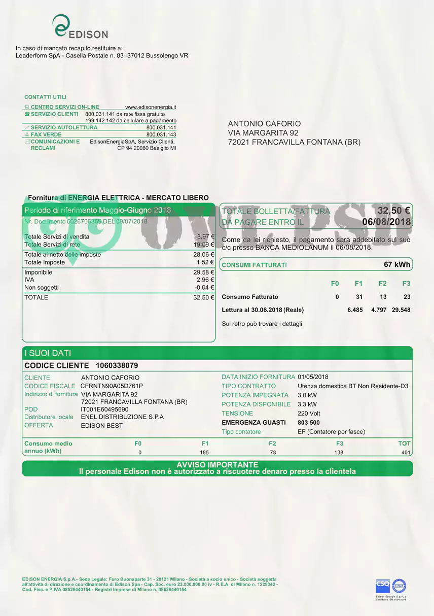 Italy Edison Utility Bill Template preview image 1