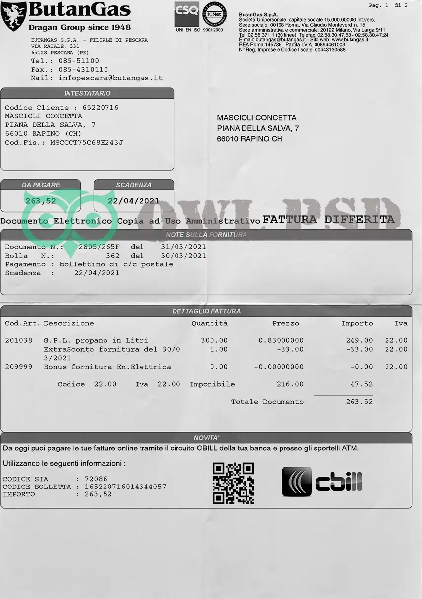 Italy ButanGas Utility Bill Template preview image 1