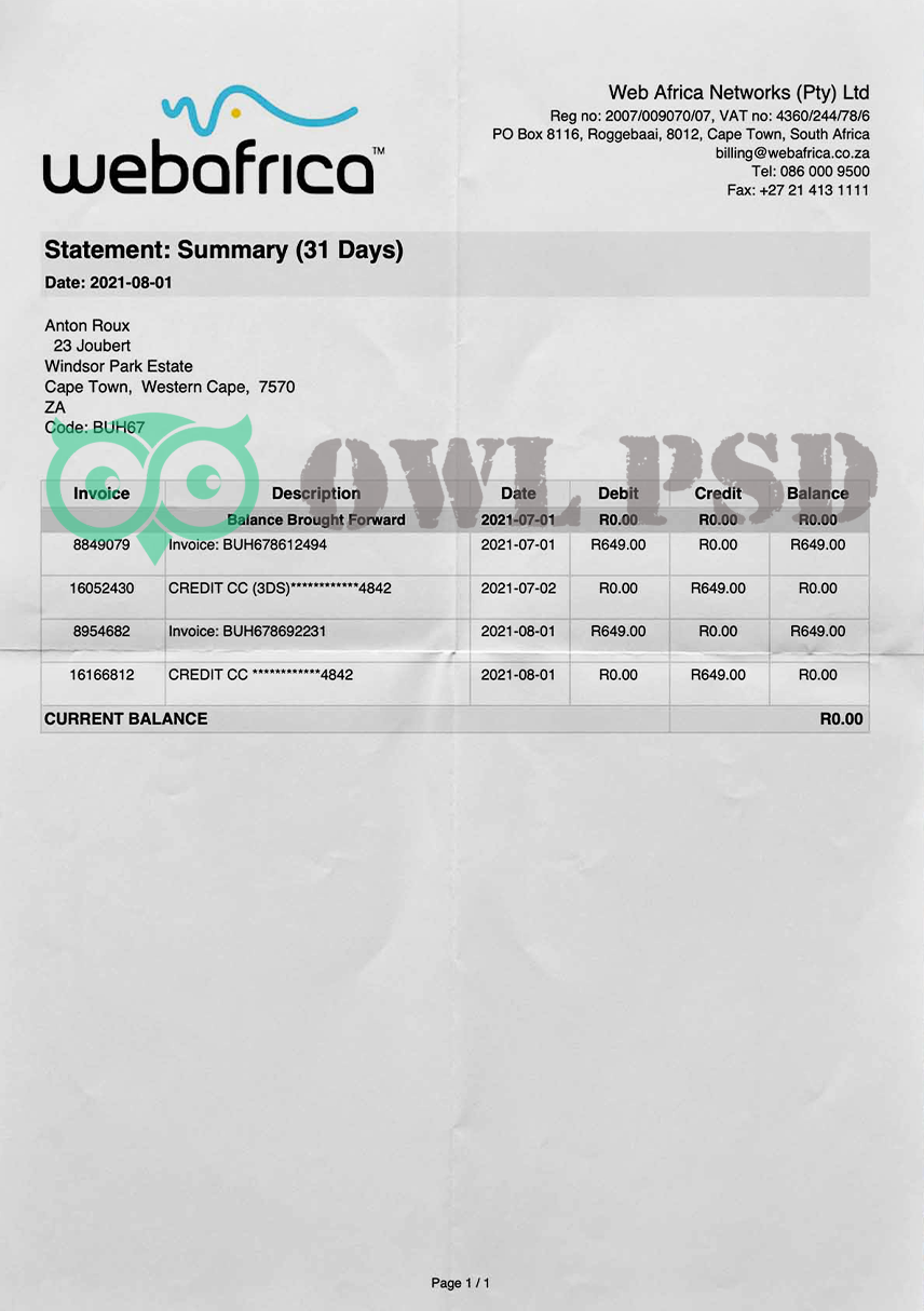 South Africa Webafrica Utility Bill Template preview image 1
