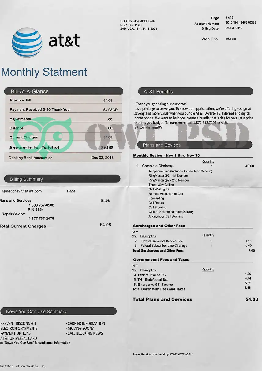 United States AT&T Utility Bill Template preview image 1