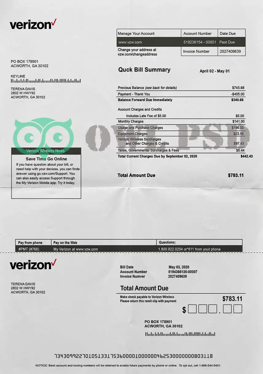 United States Verizon Wireless Utility Bill Template preview image 1