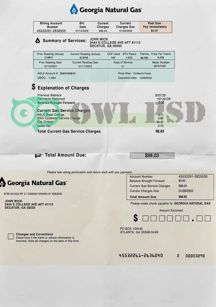 United States Georgia Gas Utility Bill Template preview image 1