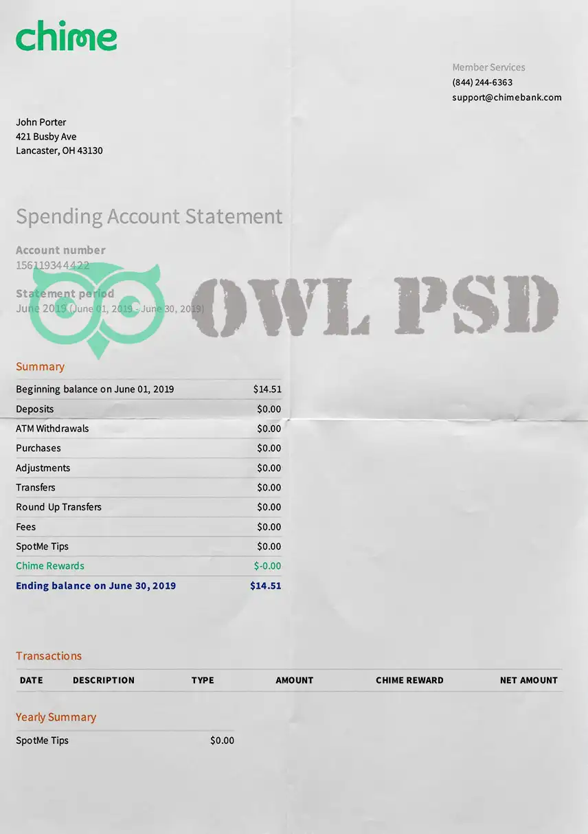 United States Chime Bank Statement Template preview image 1