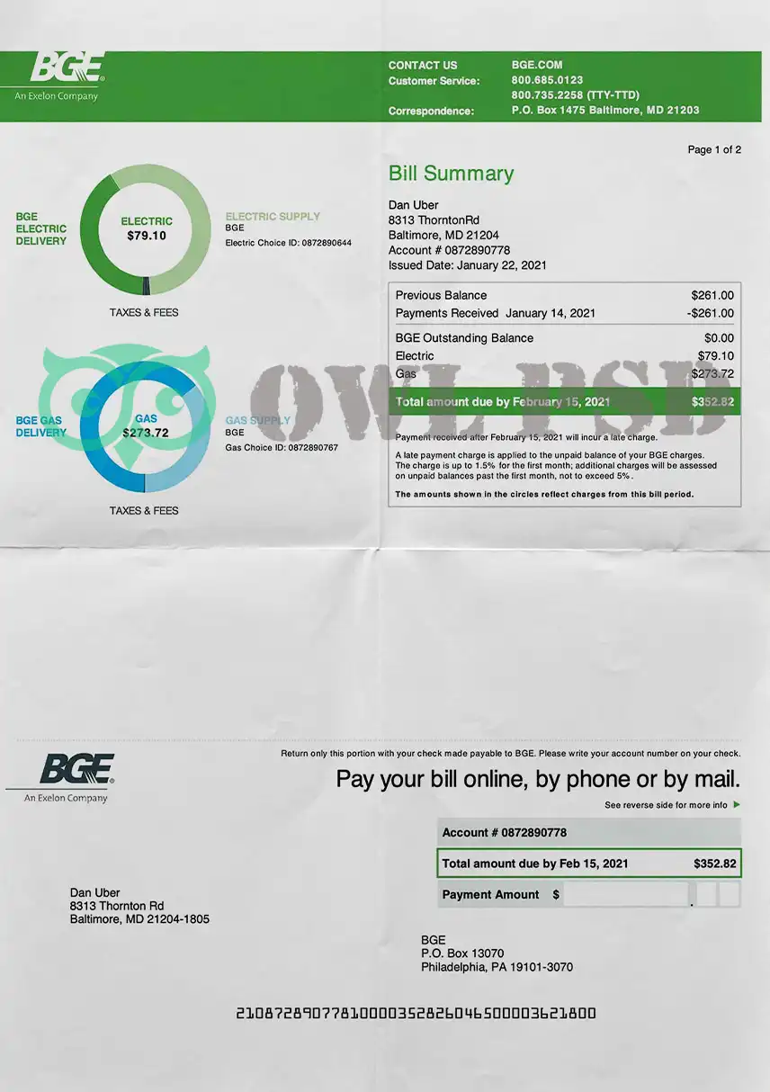 United States Baltimore Gas/Electric Utility Bill Template preview image 1