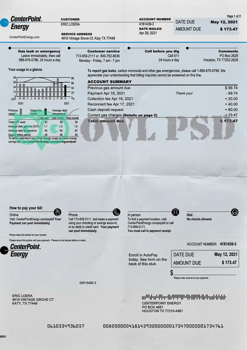 United StatesCenterPoint Energy Utility Bill Template preview image 1
