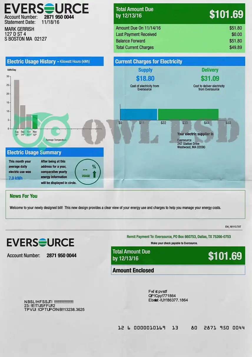 United States Eversource Energy Utility Bill Template preview image 1