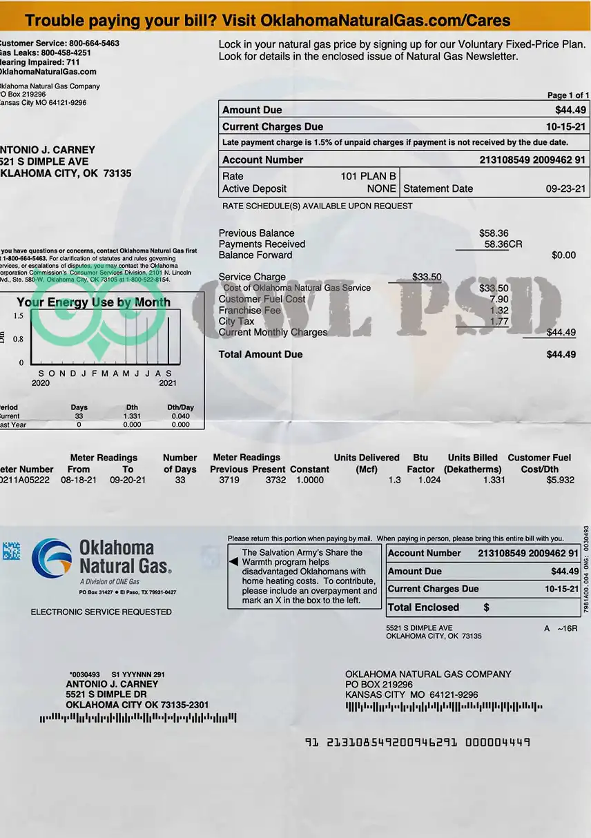 United States Oklahoma Natural Gas Utility Bill Template preview image 1
