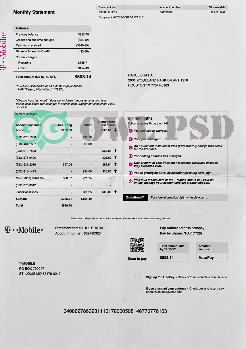 United States T-Mobile Utility Bill Template preview image 1