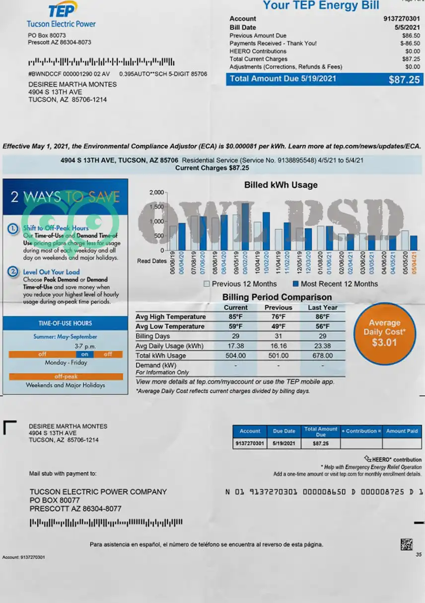 United States TEP Energy Utility Bill Template preview image 1