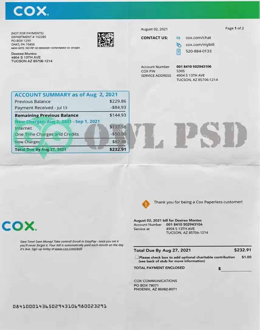 United States COX Utility Bill Template preview image 1
