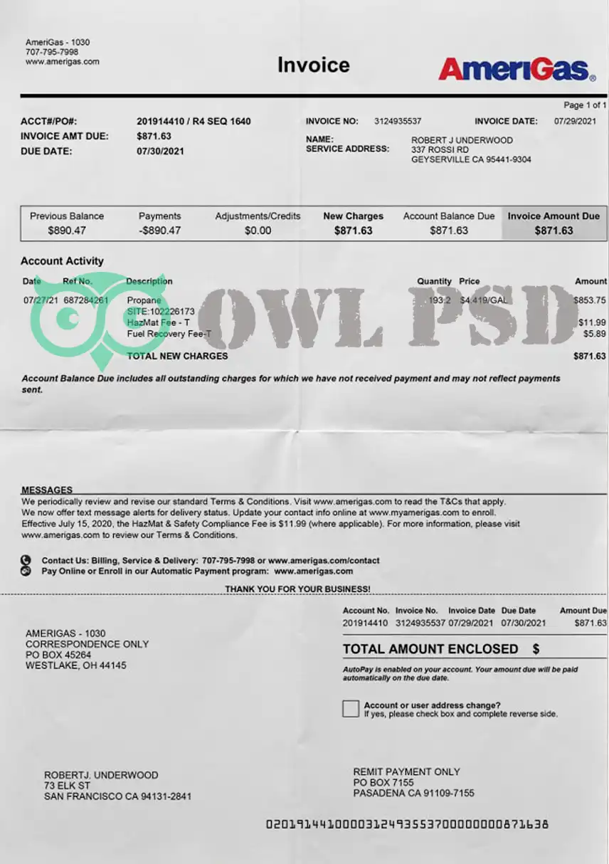 United States AmeriGas Utility Bill Template preview image 1