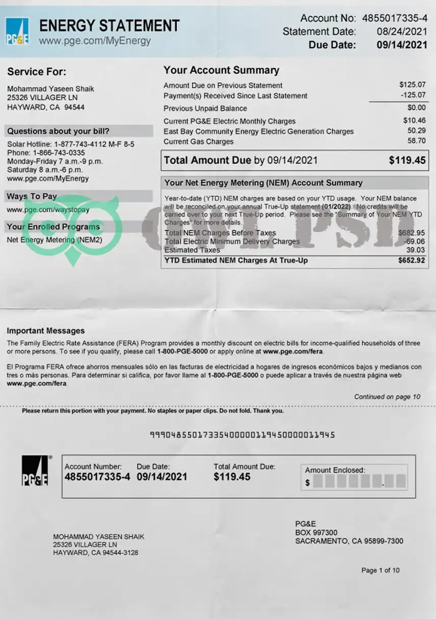 United States PGE Utility Bill Template preview image 1