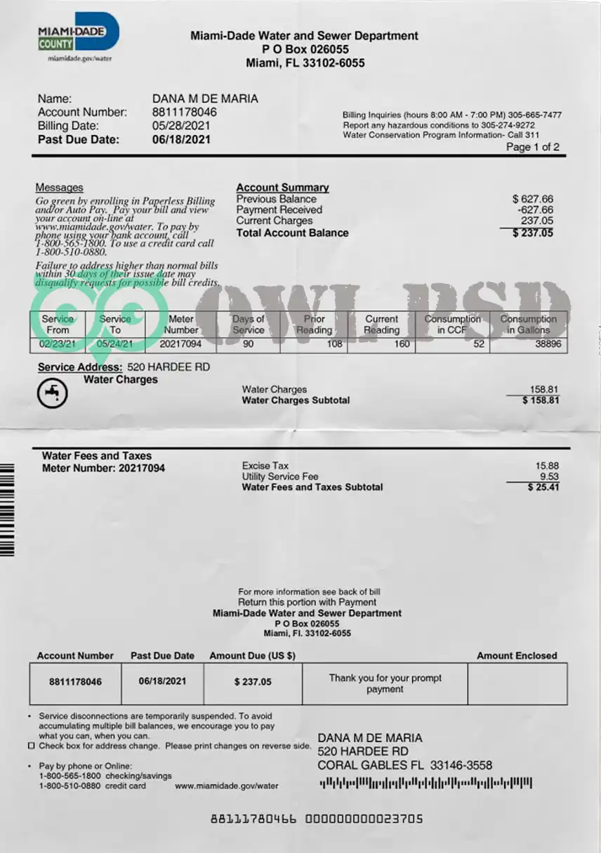 United States Miami Water Utility Bill Template preview image 1