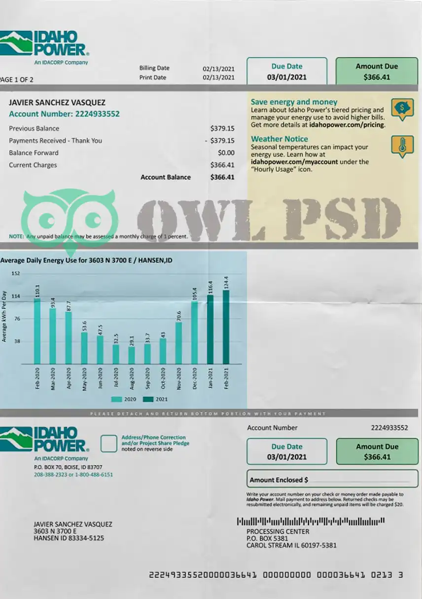 United States Idahopower Utility Bill Template preview image 1