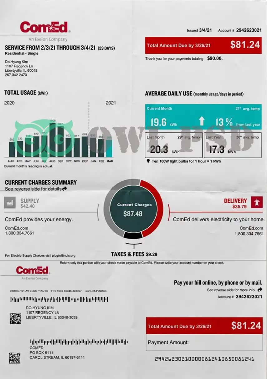 United States Comed Utility Bill Template preview image 1