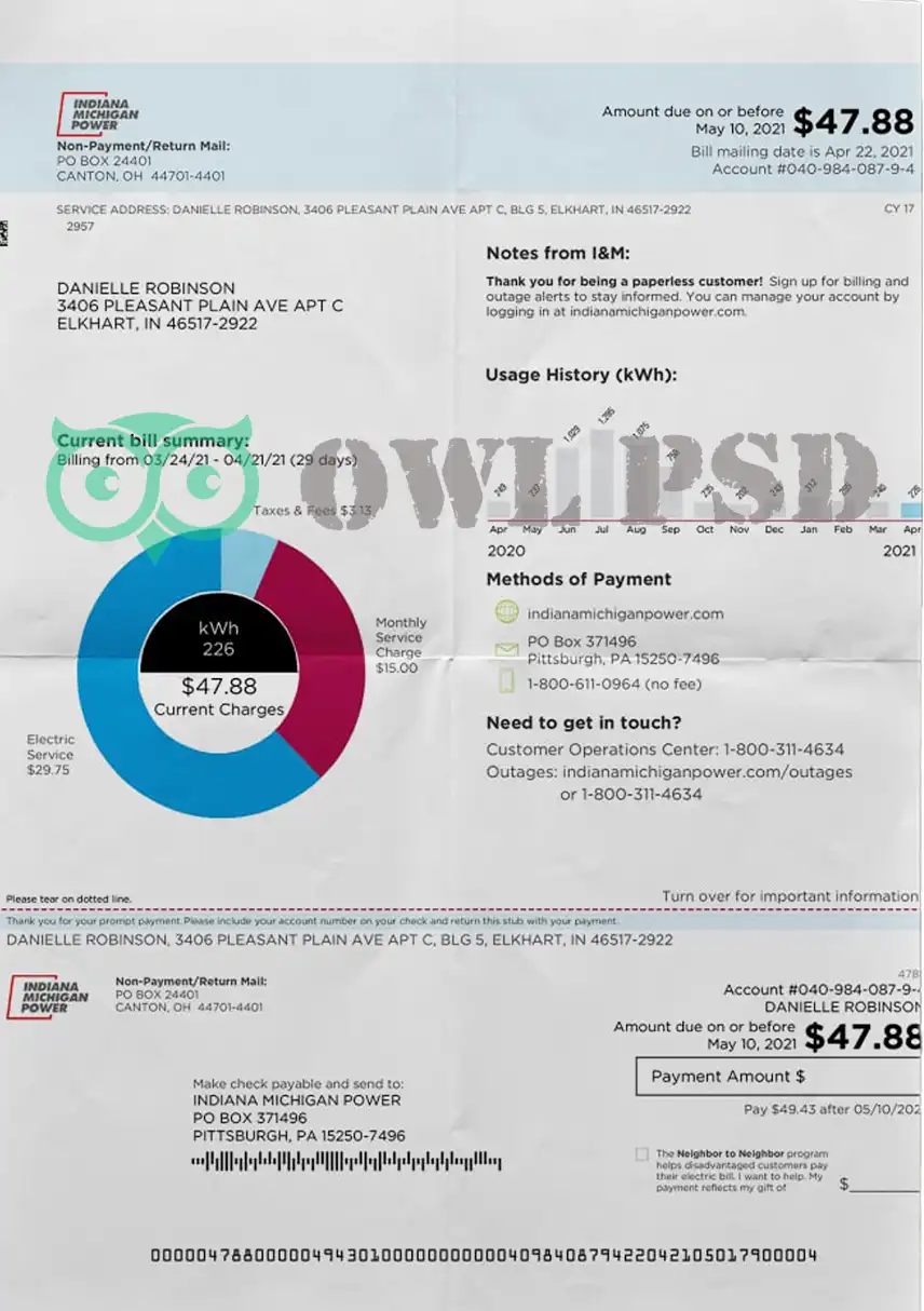 United States Indiana Power Utility Bill Template preview image 1