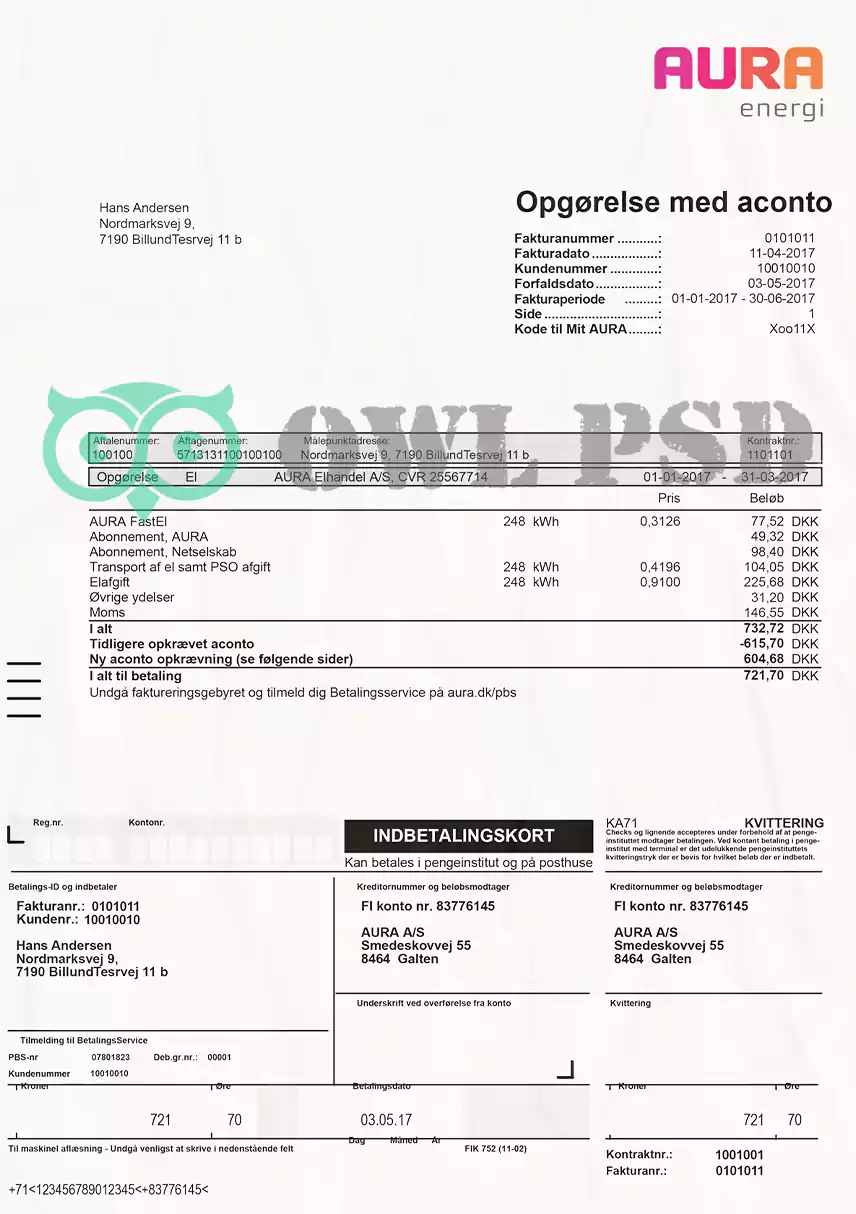 Denmark Aura Energi Utility Bill Template preview image 1