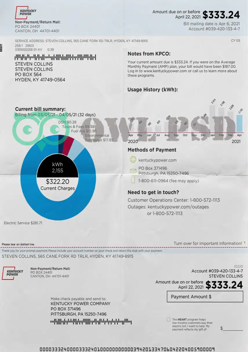 United States Kentucky Power Utility Bill Template preview image 1