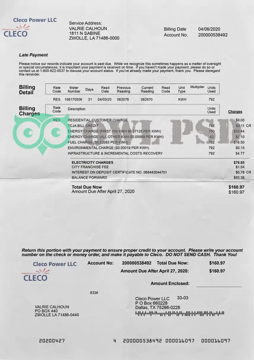 United States Cleco Power Utility Bill Template preview image 1