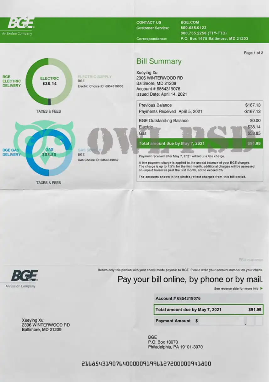 United States BGE Utility Bill Template preview image 1