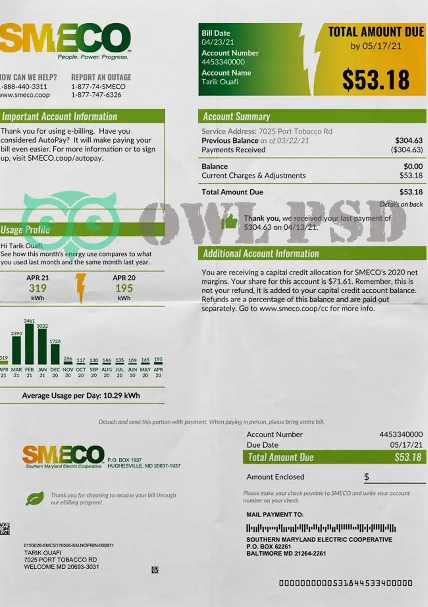 United States SMECO Utility Bill Template preview image 1
