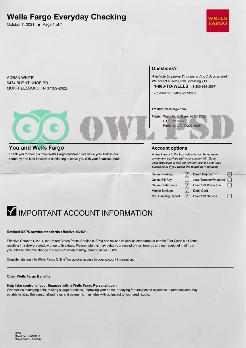 United States Wells Fargo Utility Bill Template preview image 1