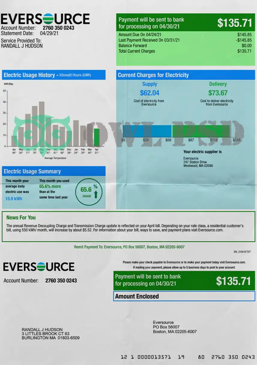 United States Eversource Utility Bill Template preview image 1