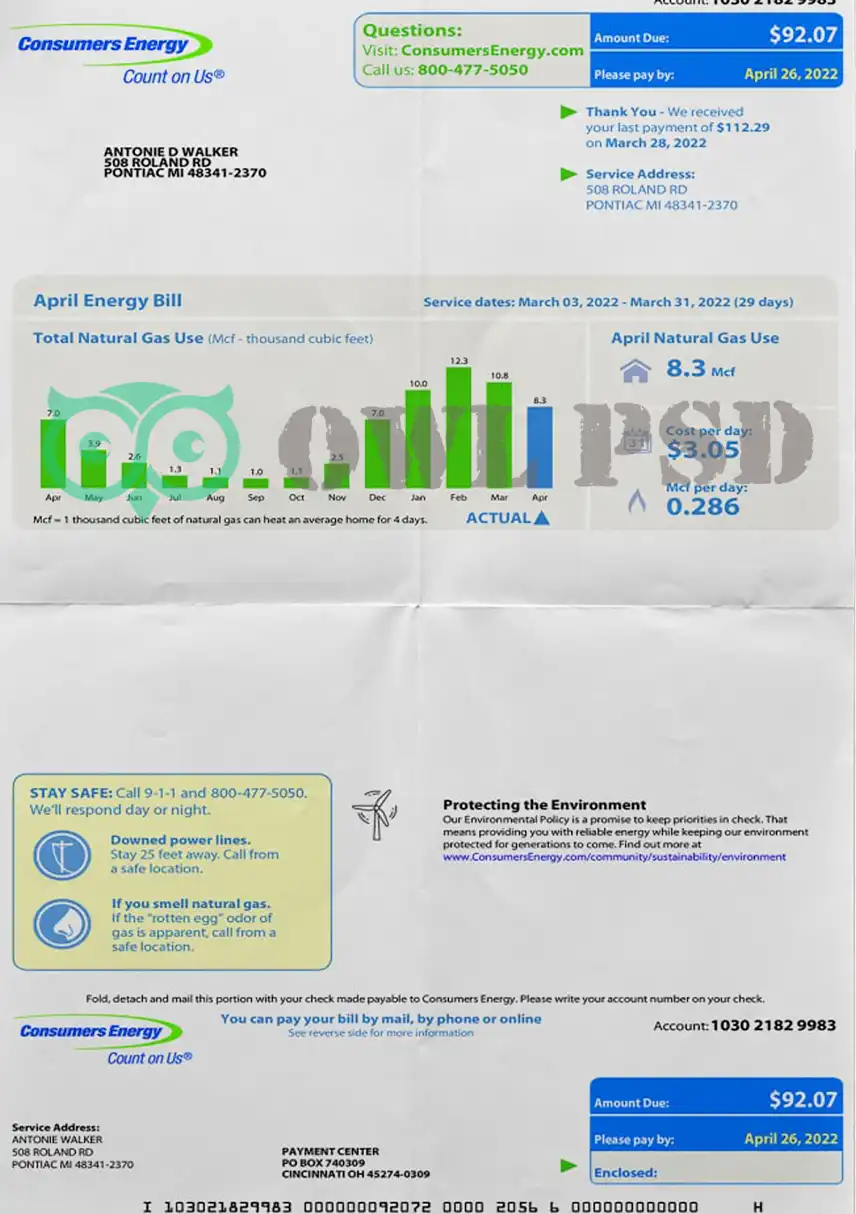 United States Consumers Energy Utility Bill Template preview image 1