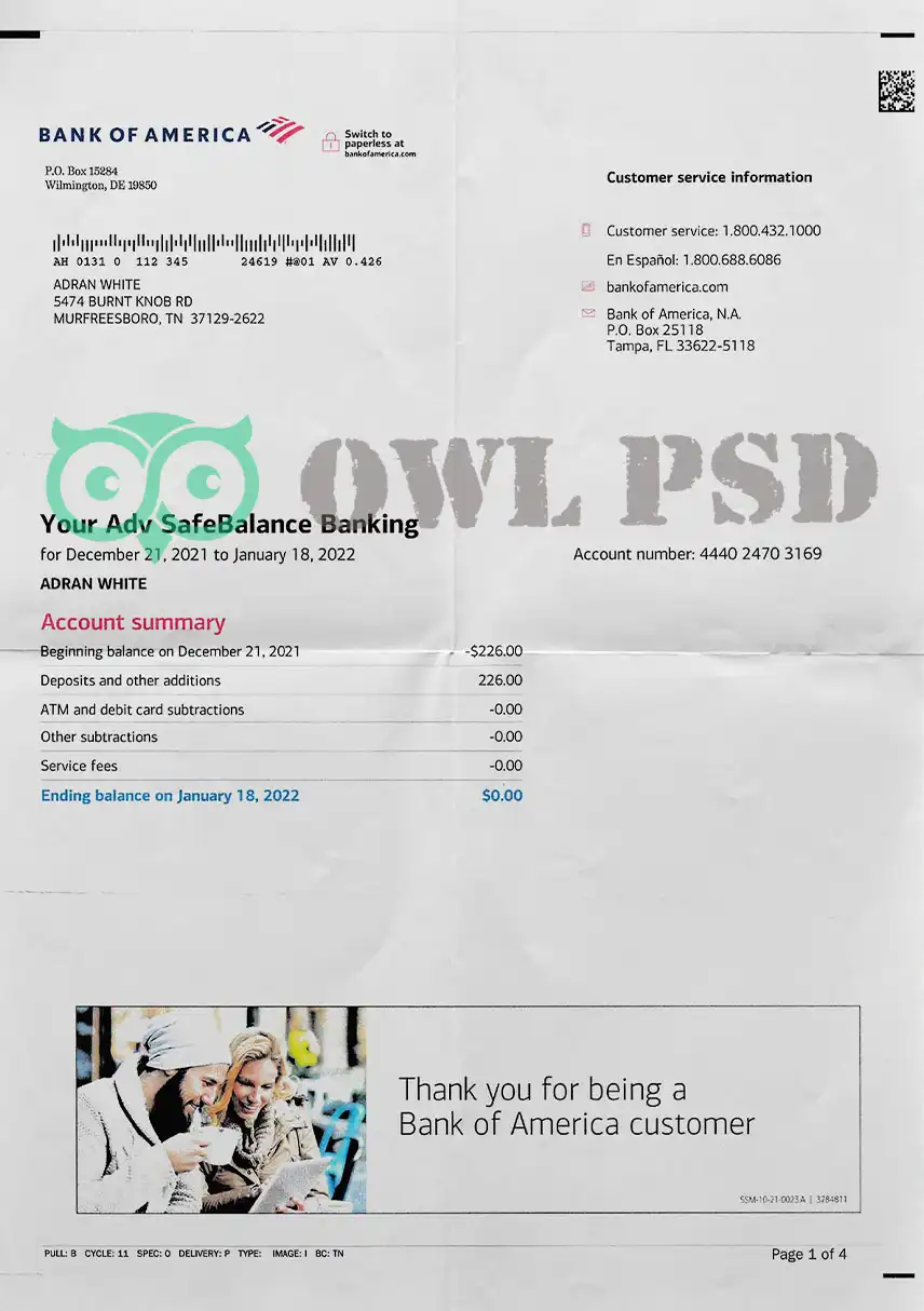 United States Bank of America Statement Template preview image 1
