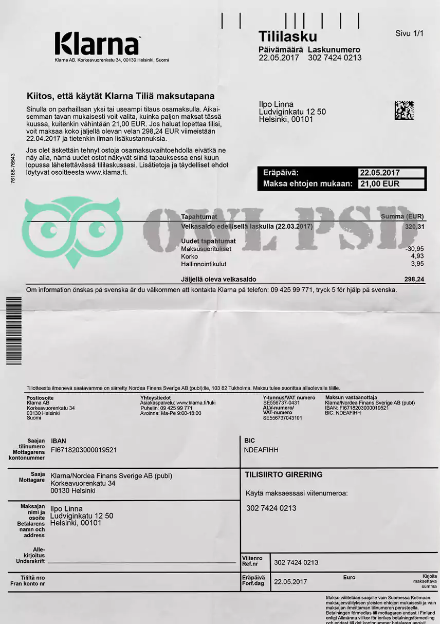 Finland Klarna Bank AB Statement Template preview image 1