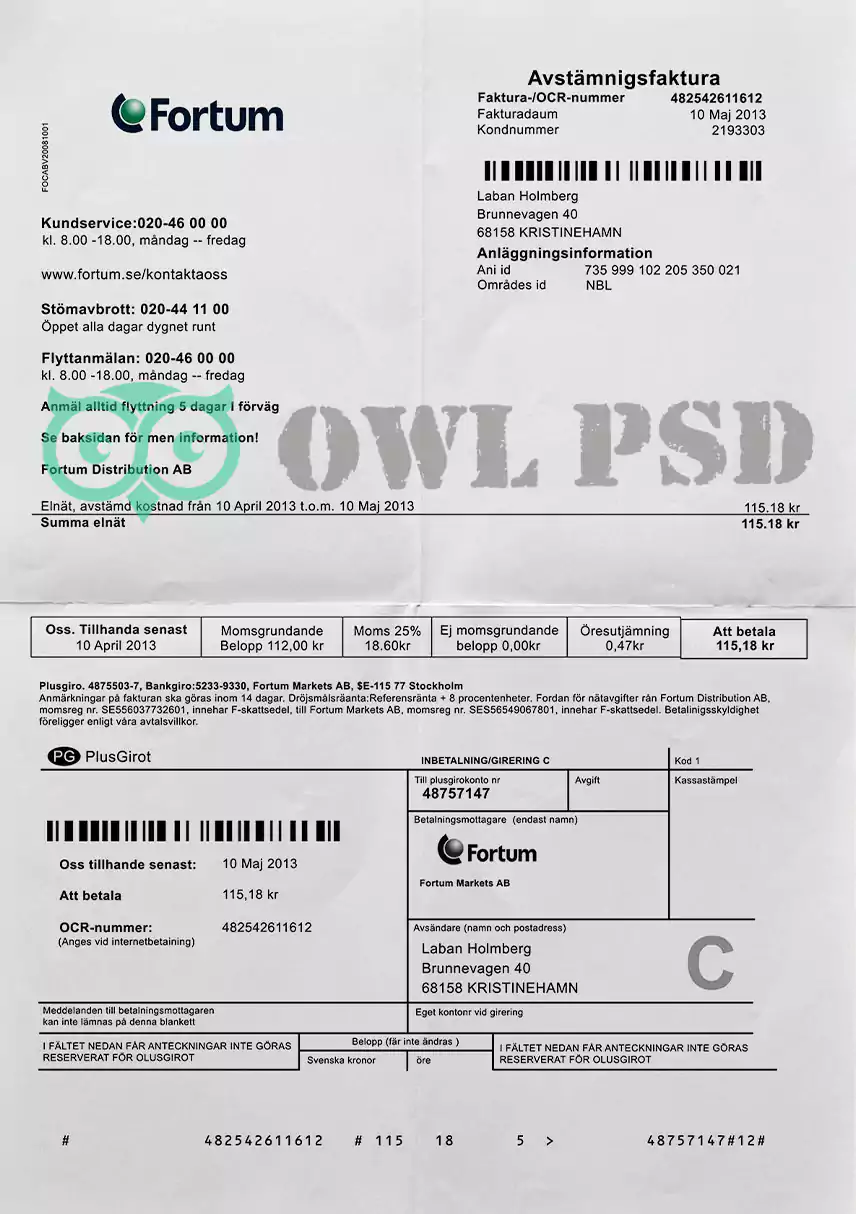 Finland Fortum Corporation Utility Bill Template preview image 1