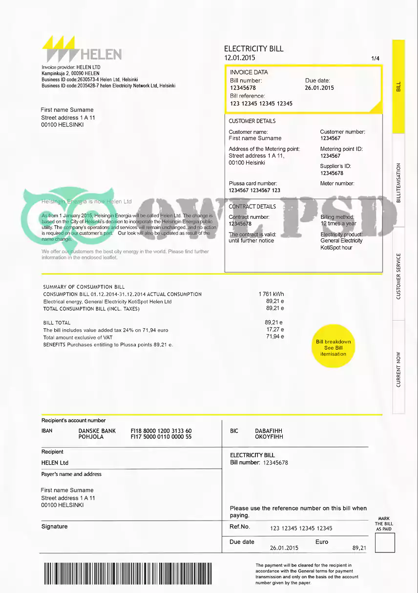 Finland Helen Utility Bill Template preview image 1
