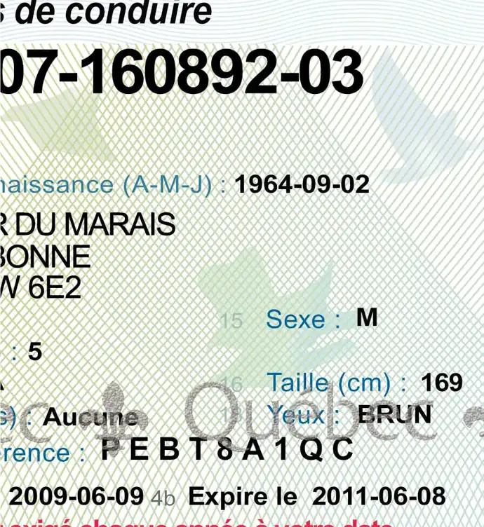United States (Quebec) Driver License Old Template preview image 2