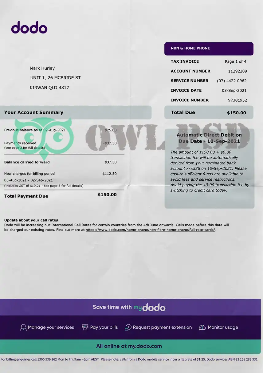 Australia Dodo Utility Bill Template preview image 1