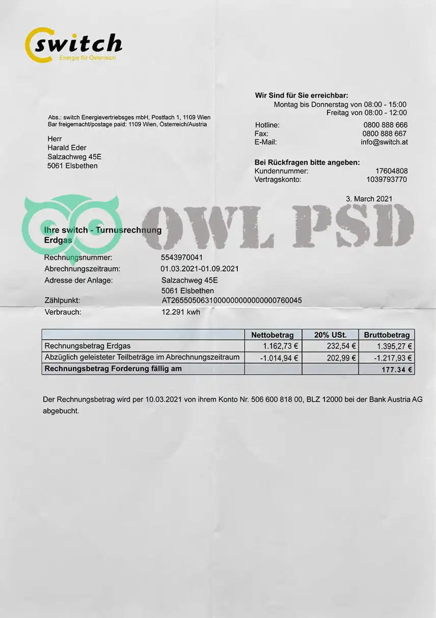 Austria Switch Utility Bill Template preview image 1