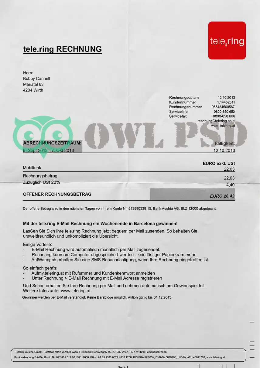 Austria Tele.ring Utility Bill Template preview image 1